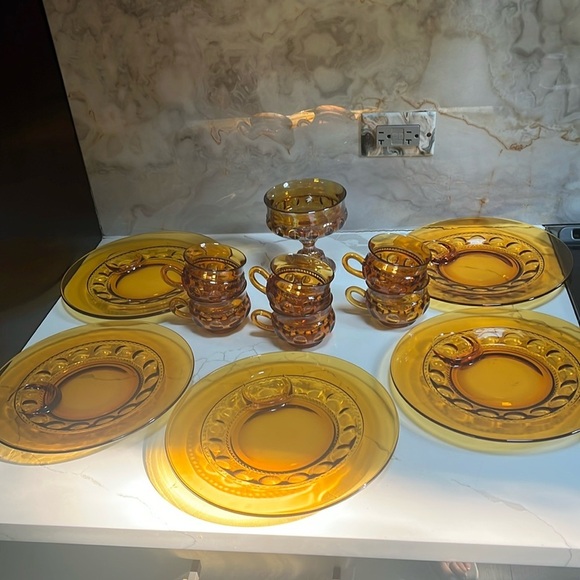 Indiana Glass 12 Piece Amber Glass Kings Crown Thumbprint Tea Dinner Set - Picture 1 of 7